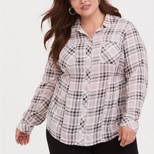 Torrid Size 3 Peplum Challis Button-Down Shirt - Plaid Grey